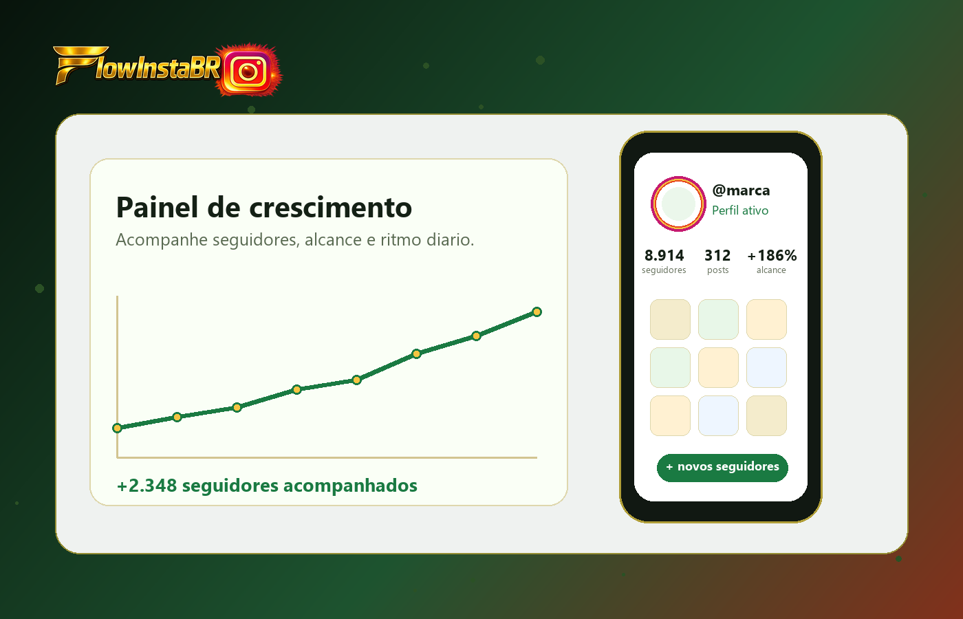Gráfico de seguidores subindo no painel FlowInsta BR
